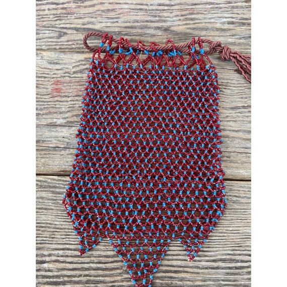 Antique Glass Beaded Pouch Draw String Purse Red … - image 2