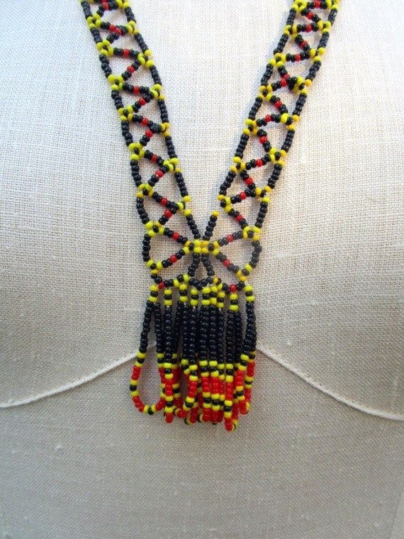 Vintage woven Beaded Necklace Lariat Tassel South… - image 5