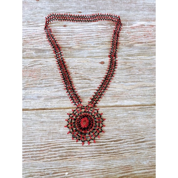 Vintage Woven Glass Seed Bead Medallion Pendant N… - image 1