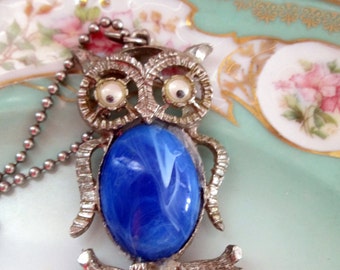 Vintage 1970's Mod Owl Pendant Necklace Blue Jelly Belly Google Eyes