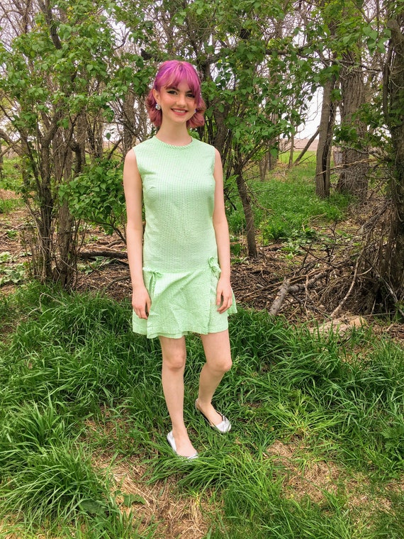 sears green dress Vintage Green Seer Sucker Romper Dress by Sears Size Small
