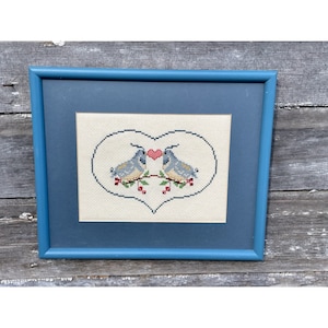 Vintage Cross stich Framed Picture Kissing Birds Heart Love 13x11&quot;