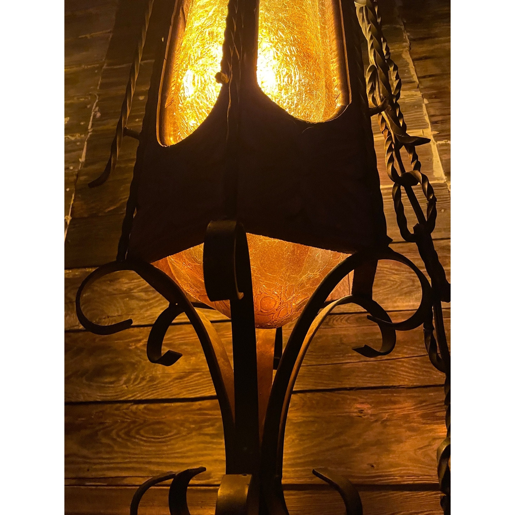 Vintage MCM Spanish Gothic Swag Lamp Wood Amber Glass Iron Vintage MCM Spanish Gothic Swag Lamp Wood Amber Glass Iron