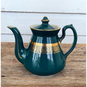 Vintage Hall Mid century 1960s Green Gold 6 Cup Teapot