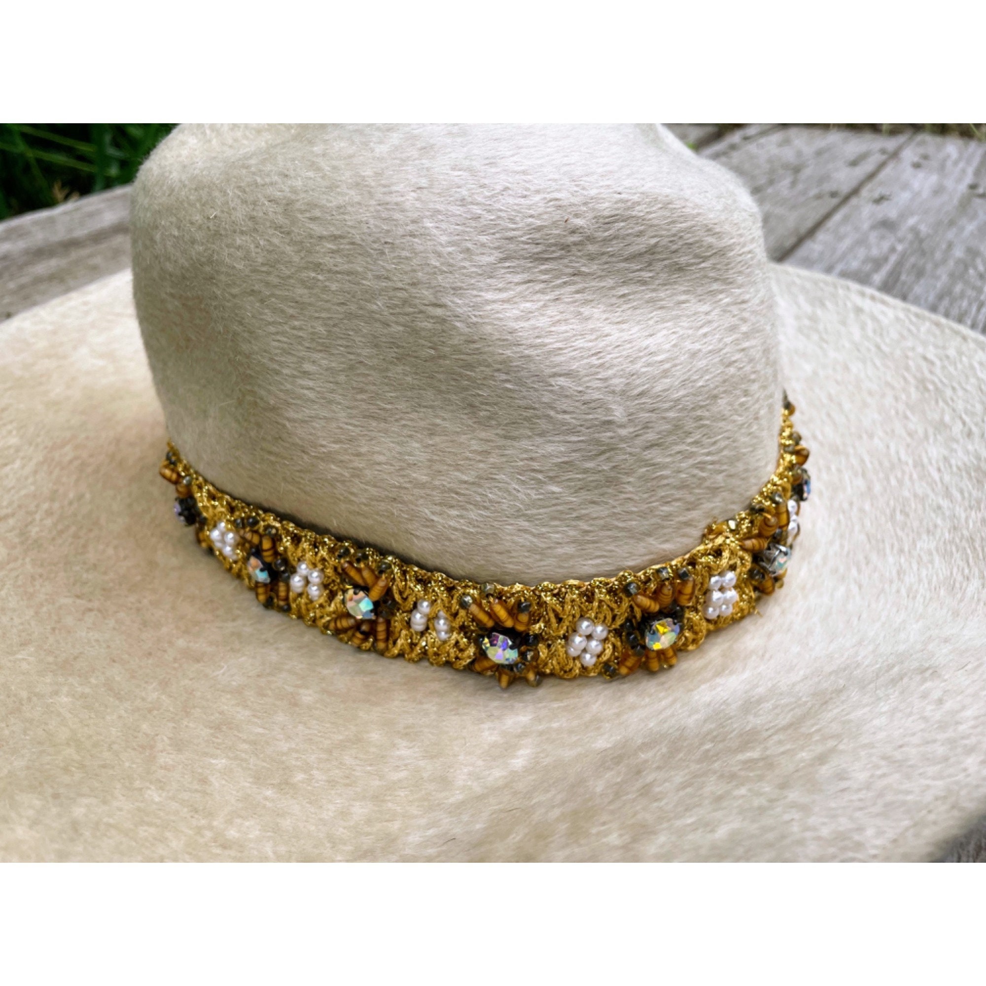Vintage 1960s Felted Wool Bucket Hat Rhinestone Pearl Band 