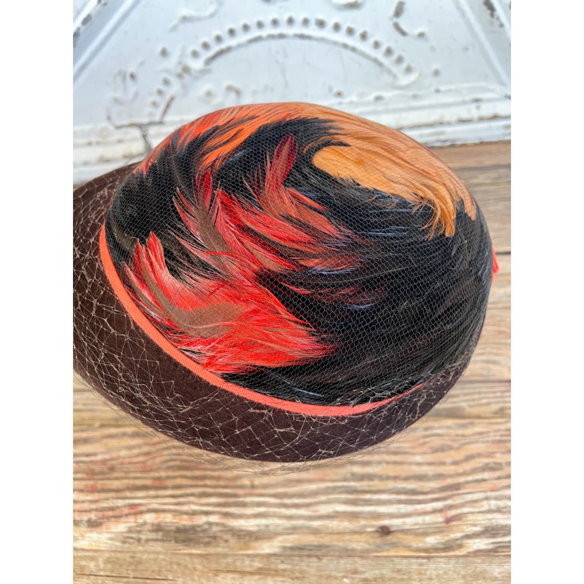 Vintage 1940s HAt Brown Wool Dyed Orange Peasant Feathers Vintage 1940s Hat Brown Wool Dyed Orange Peasant Feathers - Etsy main image 3