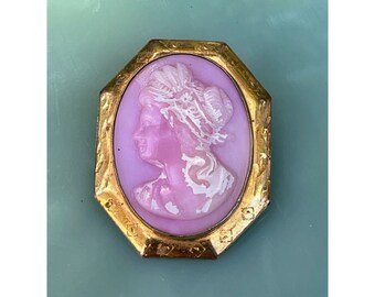 Antique Pink Molded Glass Raised Cameo Brooch