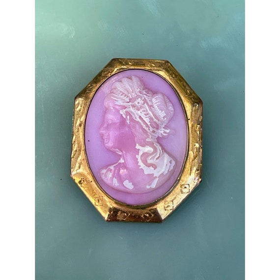 Antique Pink Molded Glass Raised Cameo Brooch - image 1