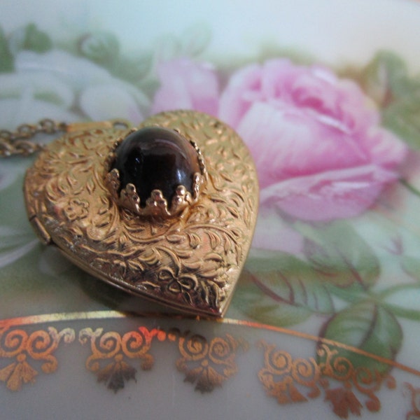 Vintage Heart locket Embossed floral tigers eye stone