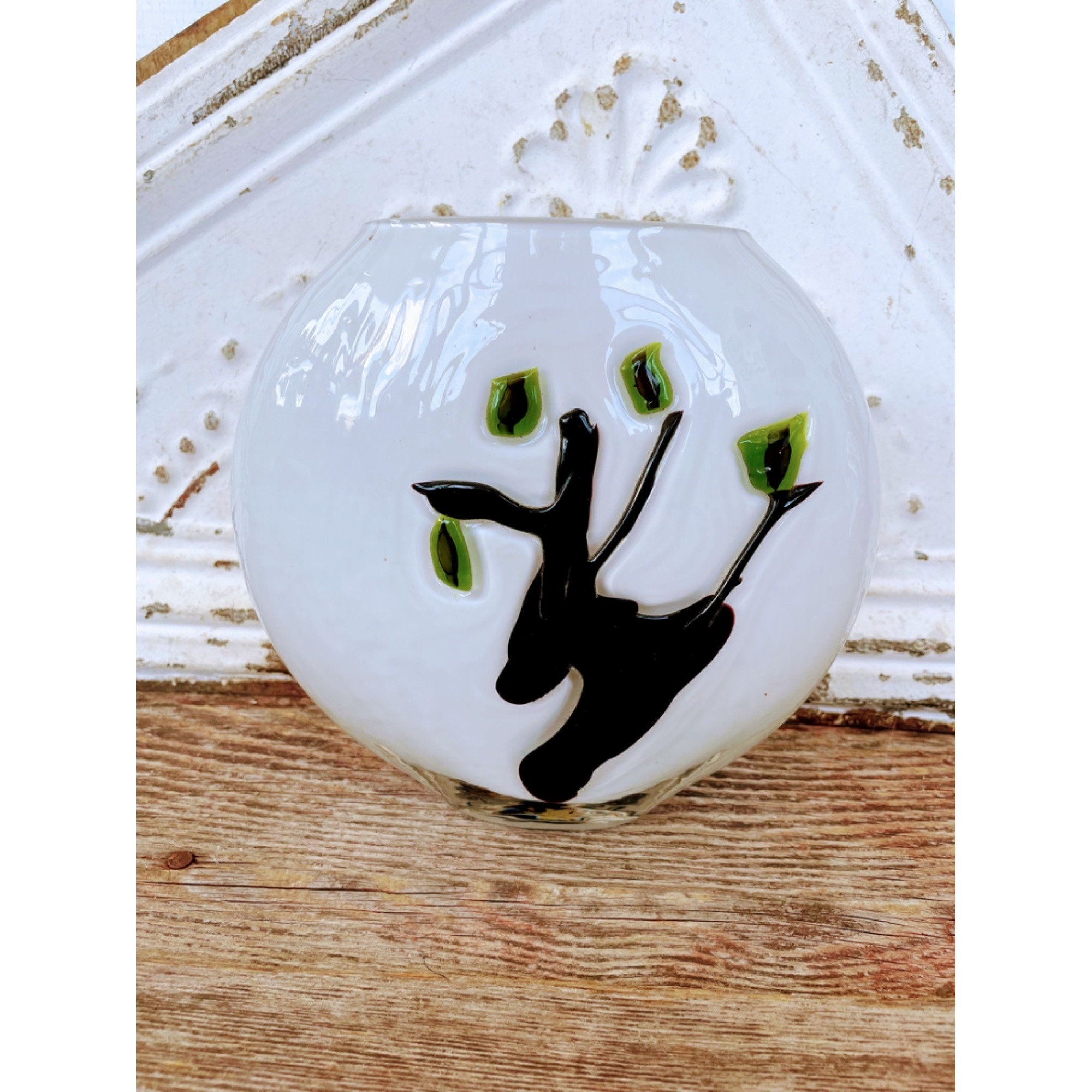 Vintage Fused Glass Modernist Vase with Bonsai Tree