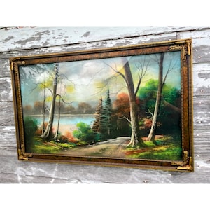 Antique Large Pastel Chalk Painting Mountain Lake Scene Gold Frame 32.5x20.5&quot;