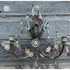 Antique French Bronze Candle Sconce  Venetian Purple Clear Flowers