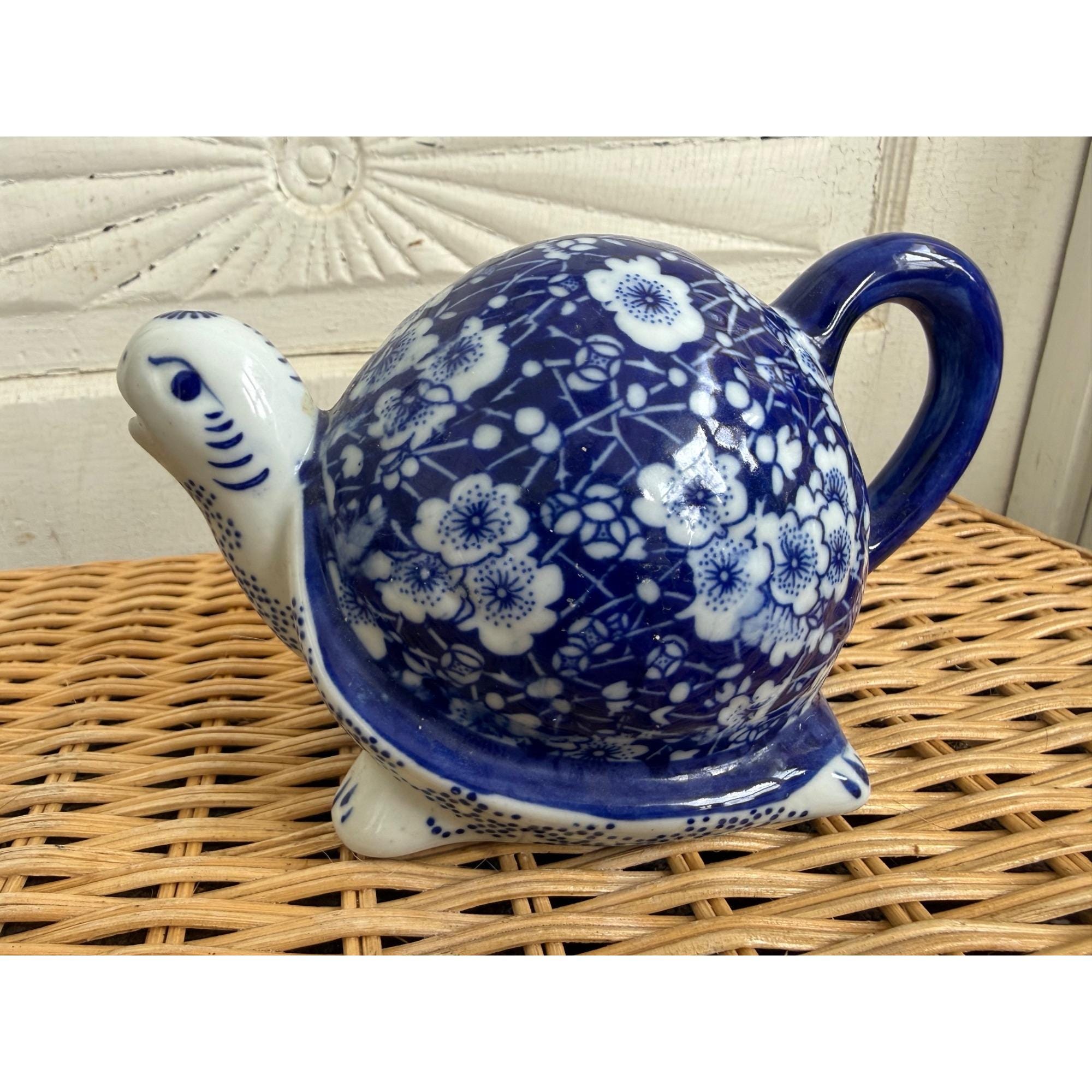 Vintage 80s Blue White Floral Porcelain Turtle Teapot Shape With