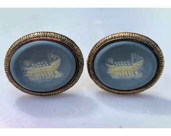 Vintage 1960s Mens Cufflinks Lucite Blue Cameo Viking ships