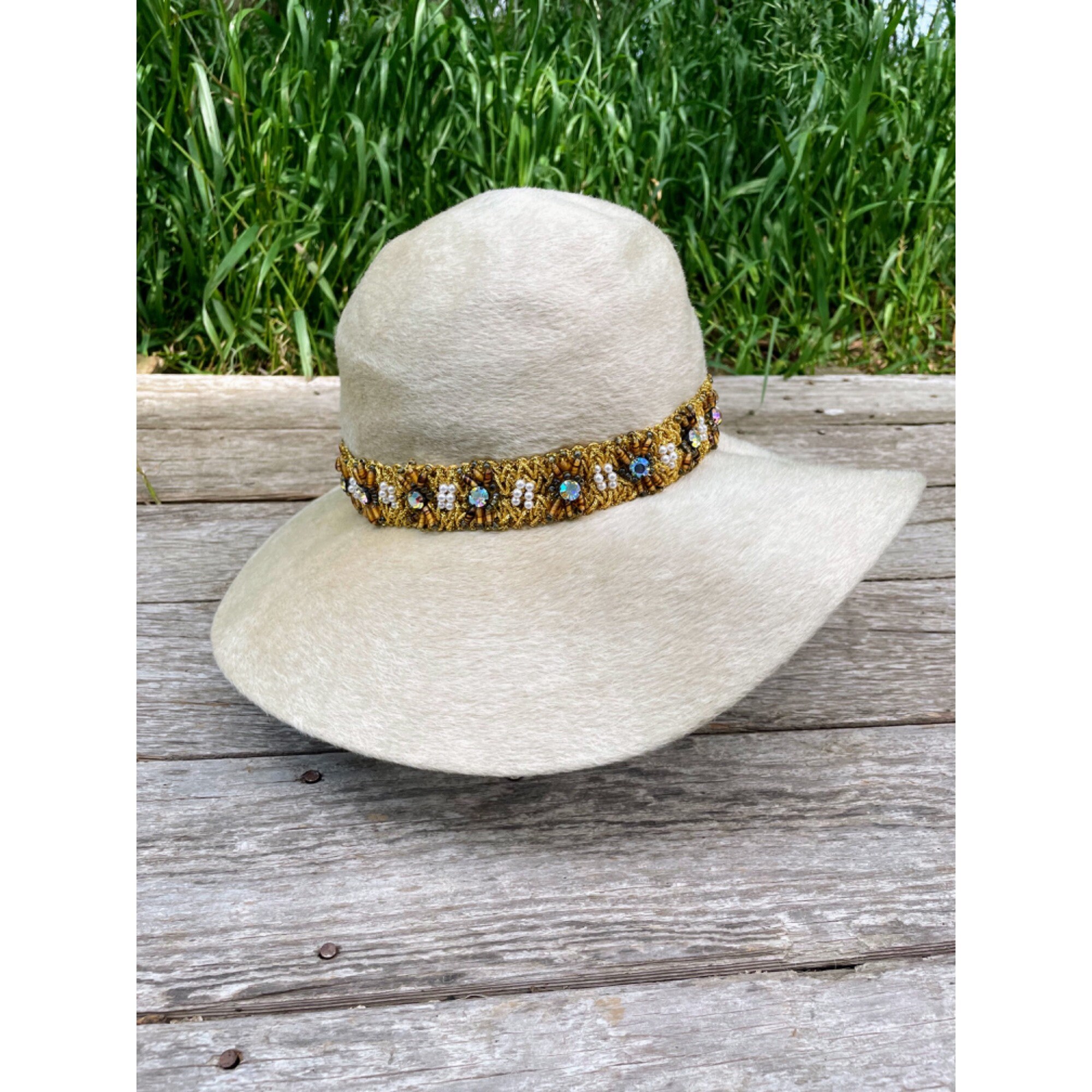 Vintage 1960s Felted Wool Bucket Hat Rhinestone Pearl Band Helios Jan Leslie Vintage 1960s Felted Wool Bucket Hat Rhinestone Pearl Band  main image 2