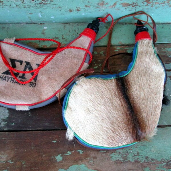 Vintage lot 2 Canteens Bota Bags Water Holder Leather Animal Hide Fur