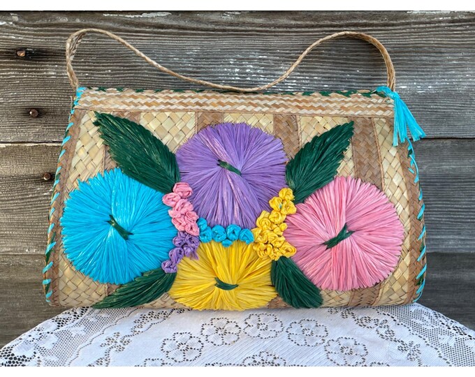Vintage 1960s Woven Straw Floral Barrel Purse Bag Raffia Flowers - Etsy