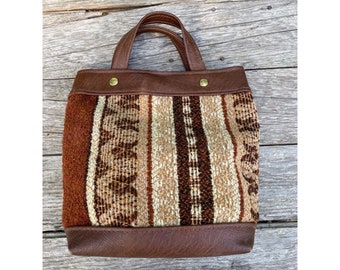 Vintage 1970s Retro Tote Bag, Vinyl, Brown Stripe Boho