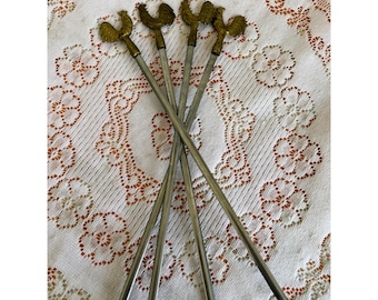 Vintage 1970s 4 PC. Brass Stainless Steel Kebob Skewers Chicken Rooster Tops