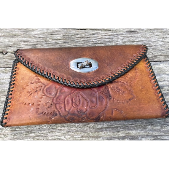 Vintage 1970s Tooled Leather Clutch wallet Rose Fl