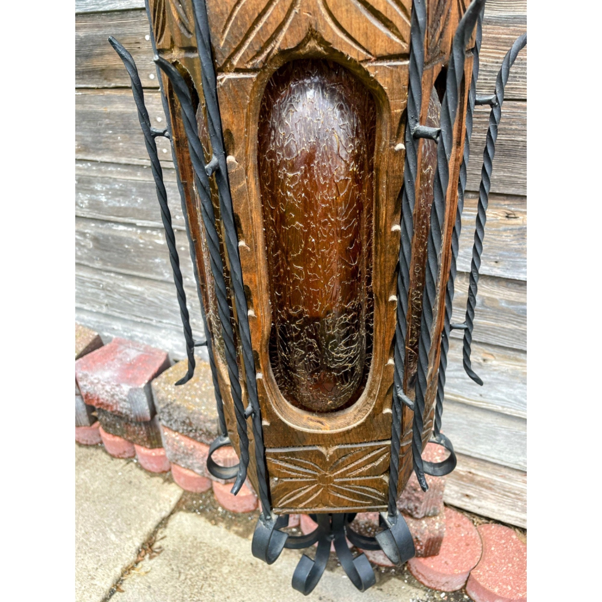 Vintage MCM Spanish Gothic Swag Lamp Wood Amber Glass Iron Vintage MCM Spanish Gothic Swag Lamp Wood Amber Glass Iron