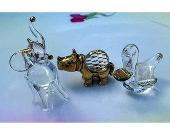 Vintage 1970s Lot 3 Miniature blown glass animals Duck, elephant, Rhino