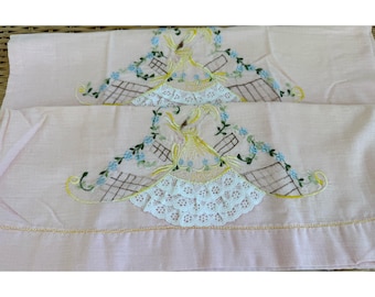 Vintage 1950s Crinoline Southern Belle Pillowcases Pink Embroidery Lace 25x17"