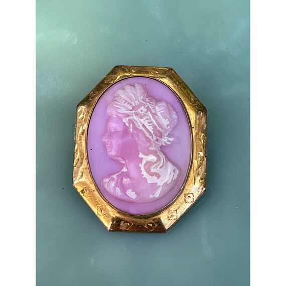 Antique Pink Molded Glass Raised Cameo Brooch - image 8