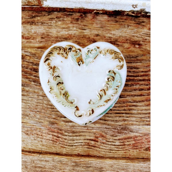 Antique Victorian Painted Milk Glass Heart Box