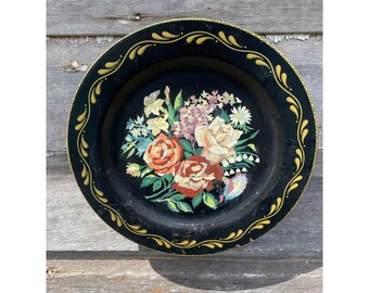 Antique 1930s Metal Toleware Hand Painted wall Plate Roses Flowers