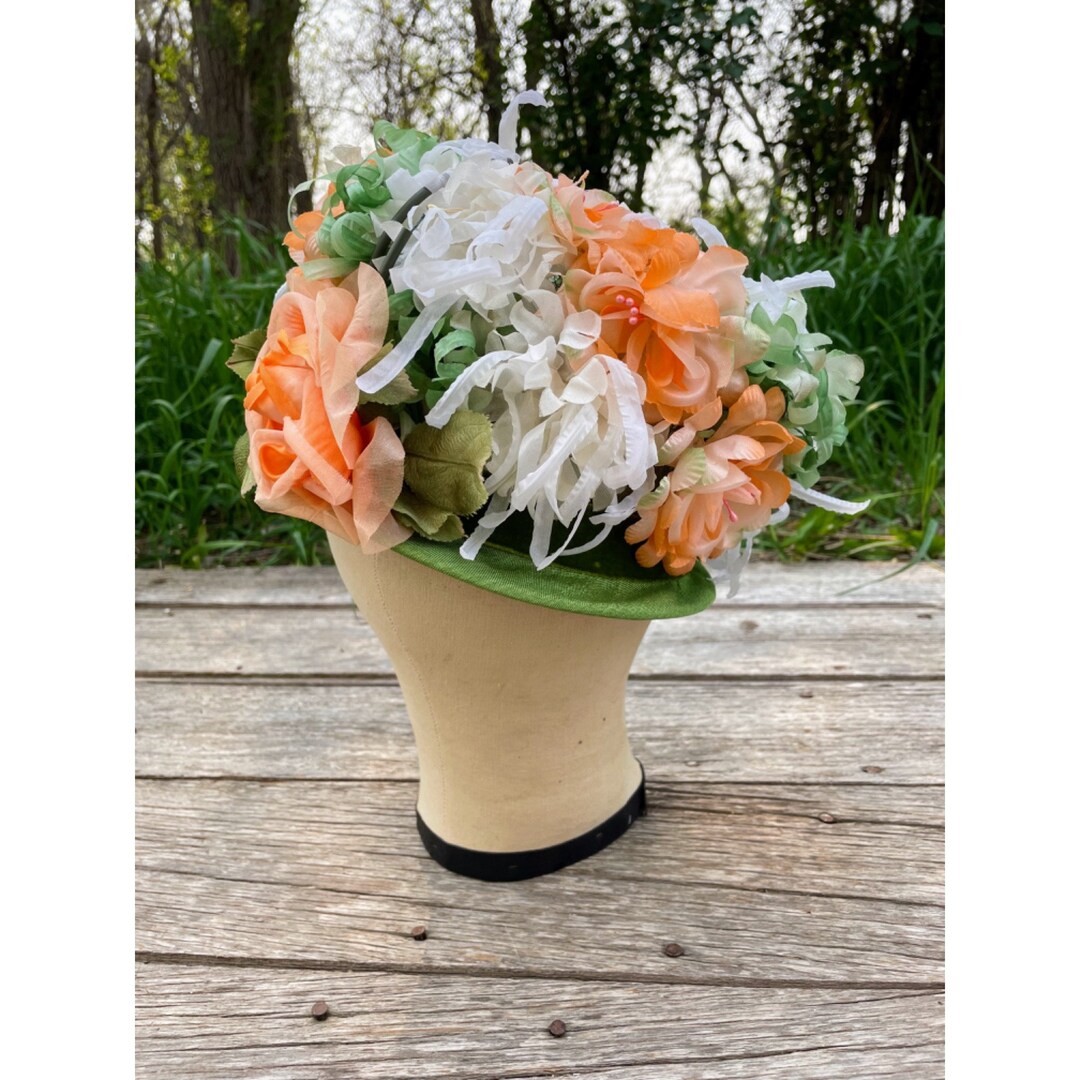 Vintage 1960s Millinery Flower Bucket Hat Peach and Green - Etsy display picture 3