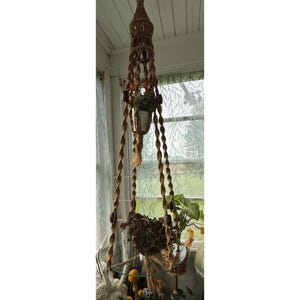 May include: A tan macrame plant hanger featuring a tiered design with dark brown wooden beads integrated into the knotted cord structure. The hanger supports a circular glass shelf holding a potted plant with dark foliage and a small white pot.