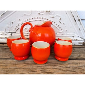 Vintage MCM 1960s Ceramic Orange Ball Pitcher With 5 Glasses set