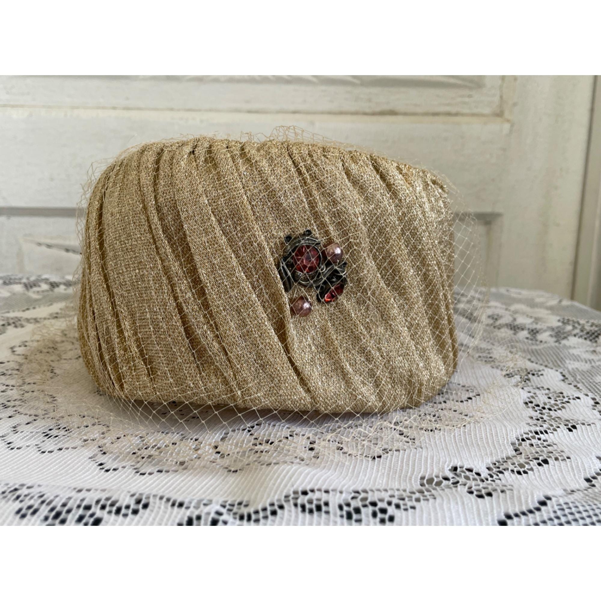Vintage 1960s Gold Metallic Cloche Hat With Rhinestone 