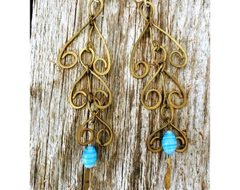 Vintage Long Brass Wire glass bead earrings 4″ long