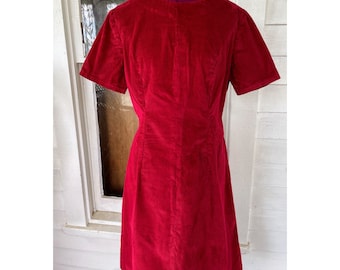 Vintage 1970s Red Corduroy Fitted Dress Size M