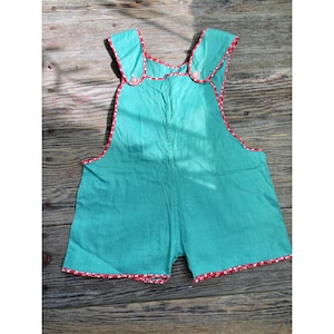 Vintage 1930s Green Cotton Infant One Piece Romper Milk glass Buttons