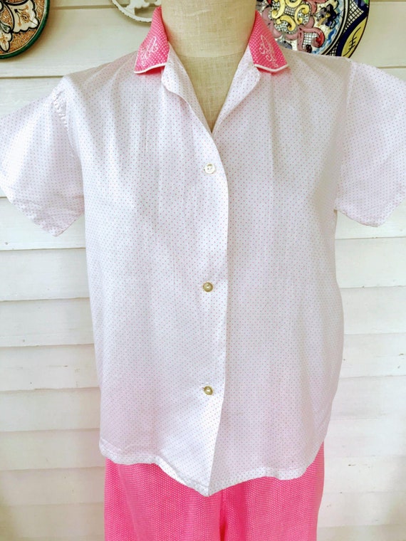 Vintage 60’s Pink Dot Pajama Set Shirt Pants S/M - image 2