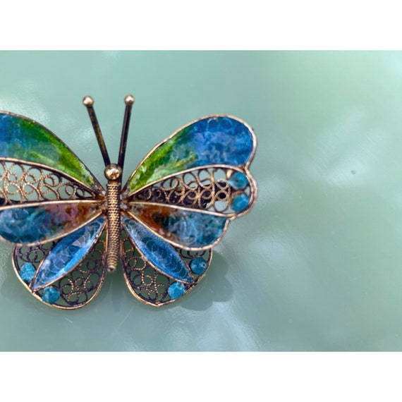 Vintage 800 Silver Enamel Filligree Butterfly Bro… - image 3