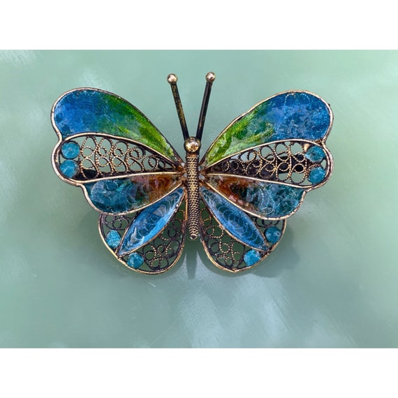 Vintage 800 Silver Enamel Filligree Butterfly Bro… - image 1