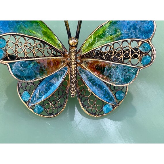 Vintage 800 Silver Enamel Filligree Butterfly Bro… - image 4