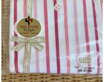 Vintage 60s Dan River Cotton Pink Stripe Twin Fitted Sheet NOS