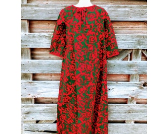 Vintage 1960s Red and Green Floral cotton Twill Kaftan Maxi Dress