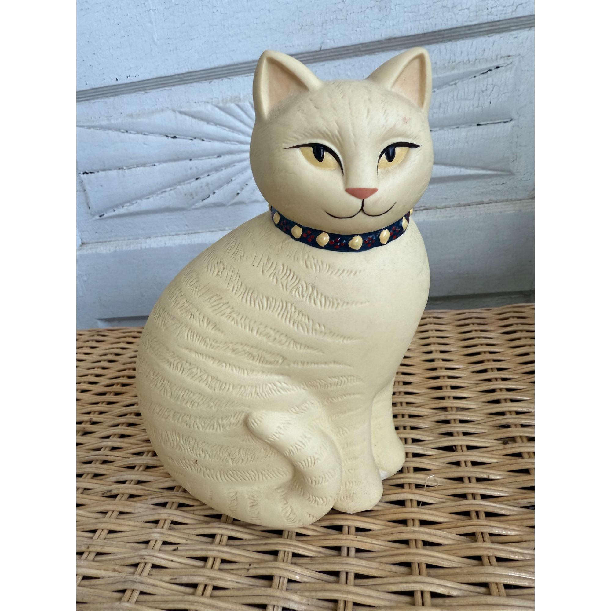 Vintage 80s Bisque Ceramic Set Yellow Cat Figurine and Trinket Box