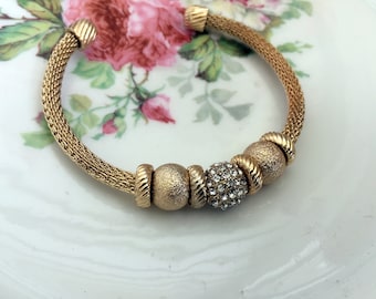 Vintage 80's Goldtone Mesh Cuff Bracelet Rhinestone gold Beads XL size