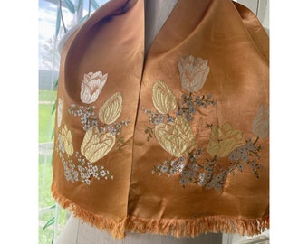 Vintage 1940s Silk Satin Saks 5th Ave Embroidered Floral Scarf