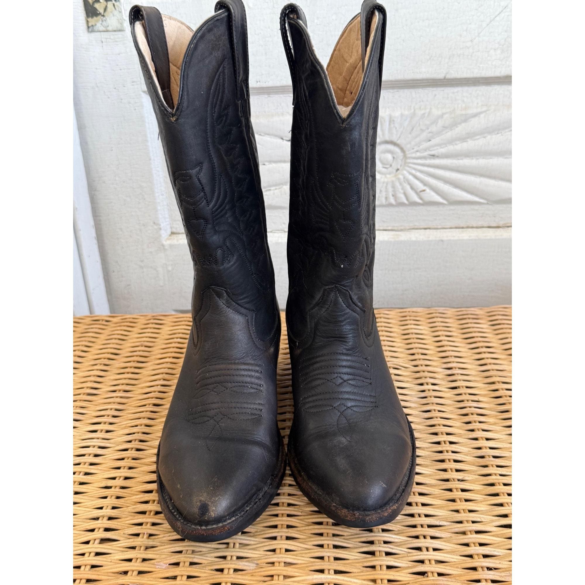 Vintage 70s Black Leather Western Boots With Embroidered Eagle