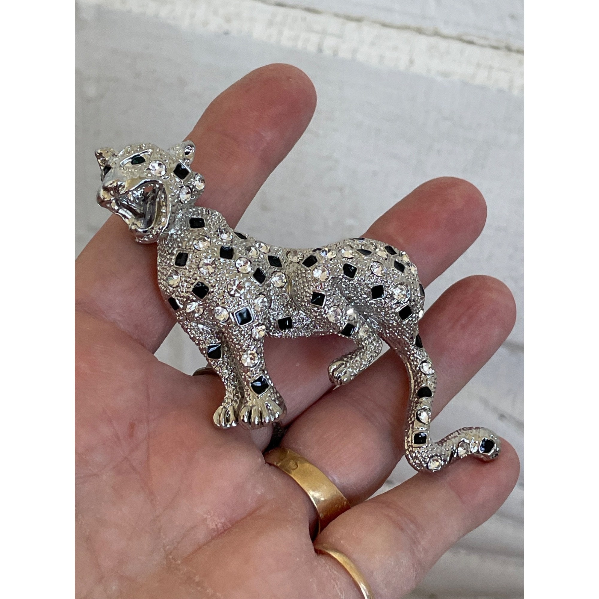 Vintage 1980s Large Statement Brooch Rhinestone Leopard Big Cat