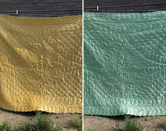 Vintage 30s Hand Stitched Satin Reversible Quilt Comforter 71x83" Green/Yellow