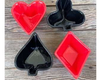 Vintage MCM Set Playing Card Suit Nut Snack Dishes Red Black